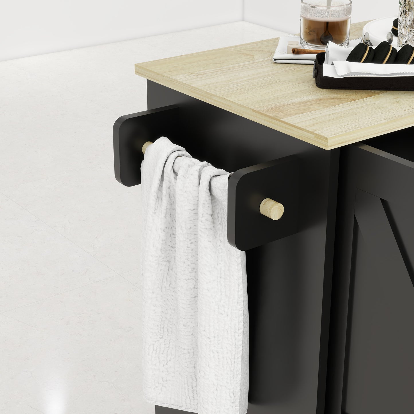 Removable Convenient Black Kitchen Island with 2-Door Cabinets, 3-Drawer Storage, 5 Universal Wheels Rolling Kitchen Dining Cart, Wooden Top with Towel Rack