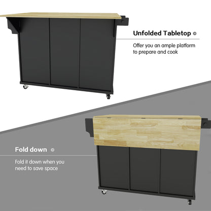 Black Wooden Kitchen Cart on Wheels with Drop Leaf,Rolling Kitchen Island with Storage Cabinet and 3 Drawers,Spice Rack,Towel Rack,Island Table for Kitchen Living Room Dining Room