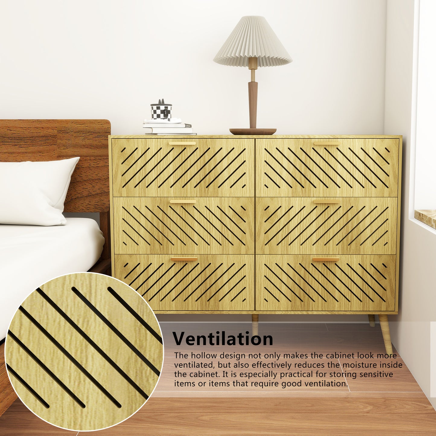 Log Modern 6 Drawer Dresser for Bedroom Storage Cabinet with Metal Handle, Wide Chest of Drawers, TV Stand, Beside Table for Closet, Hallway,  Living Room and Entryway