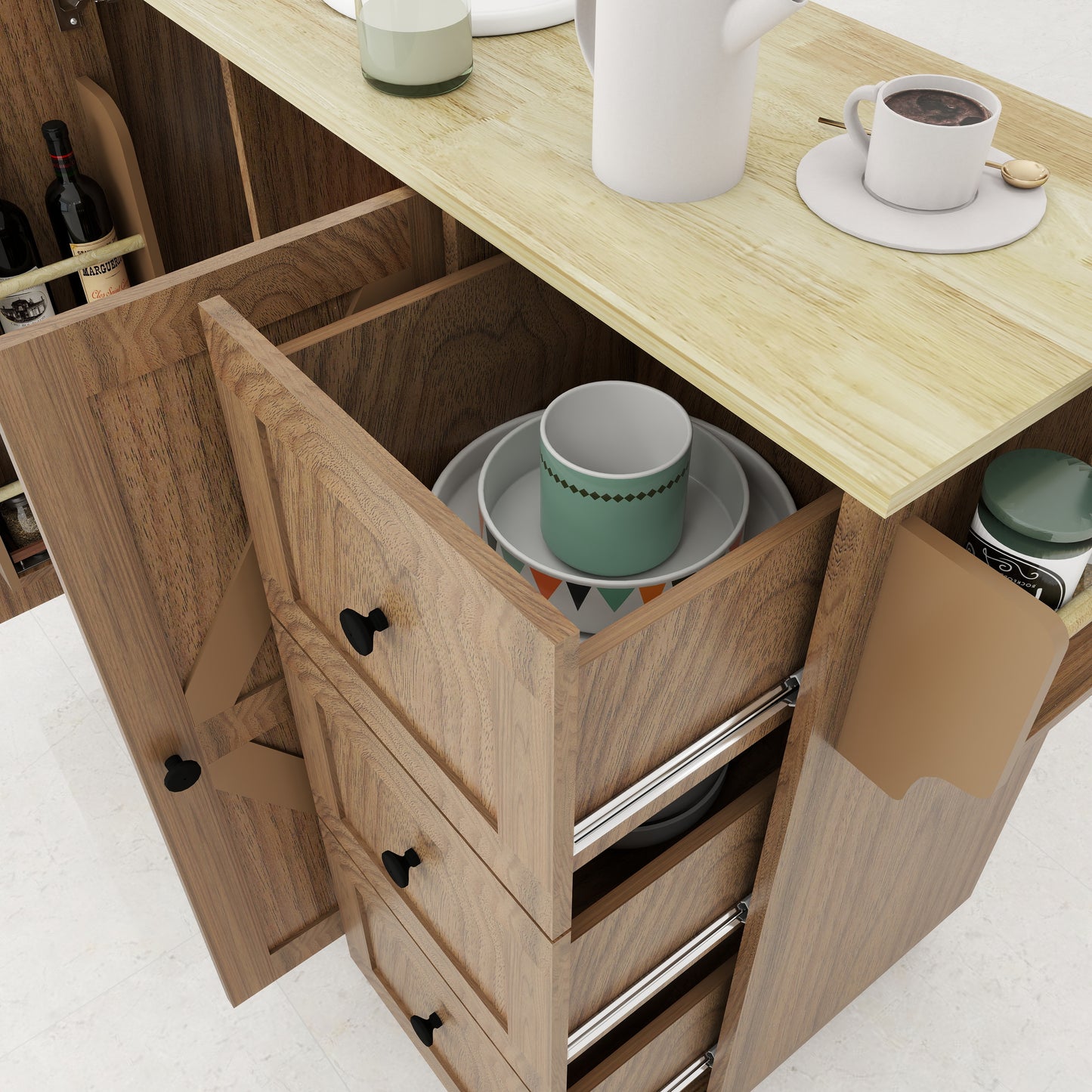 Removable Convenient Peach Kitchen Island with 2-Door Cabinets, 3-Drawer Storage, 5 Universal Wheels Rolling Kitchen Dining Cart, Wooden Top with Towel Rack