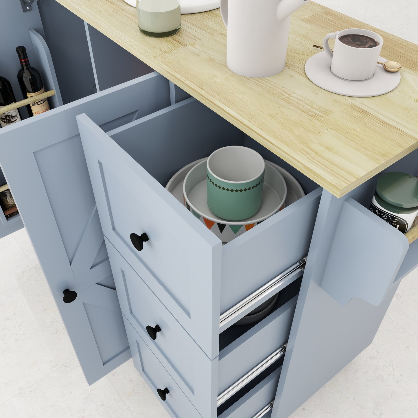 Removable Convenient Blue Kitchen Island with 2-Door Cabinets, 3-Drawer Storage, 5 Universal Wheels Rolling Kitchen Dining Cart, Wooden Top with Towel Rack