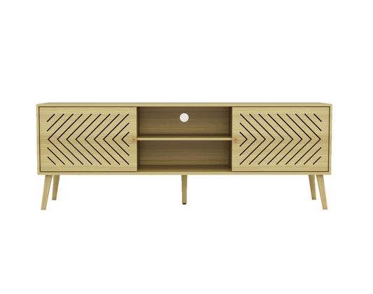 Log TV Stand for 55 60 65 inch, Mid Century Modern TV Console,Wood Entertainment Center with Storage Sliding Doors, 2 Cabinet and Open Shelves for Living Room and Bedroom