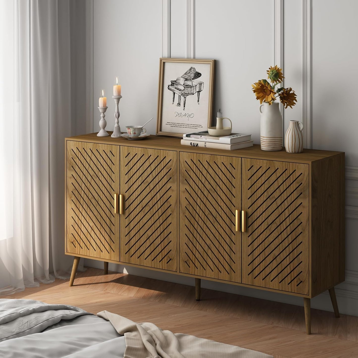 Peach Wood Sideboard Buffet Cabinet with Storage, 4 Doors, Adjustable Shelves, TV Stand or Coffee Bar for Kitchen, Dining Room, Living Room, Entryway