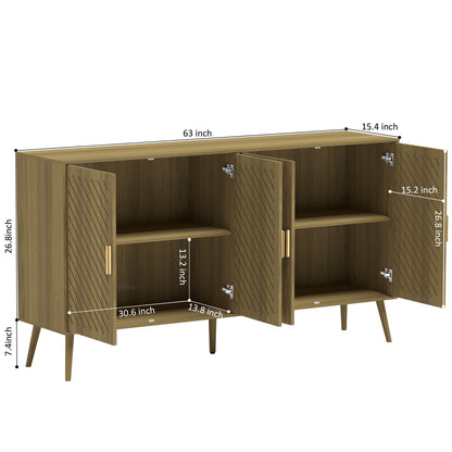 Log Wood Sideboard Buffet Cabinet with Storage, 4 Doors, Adjustable Shelves, TV Stand or Coffee Bar for Kitchen, Dining Room, Living Room, Entryway